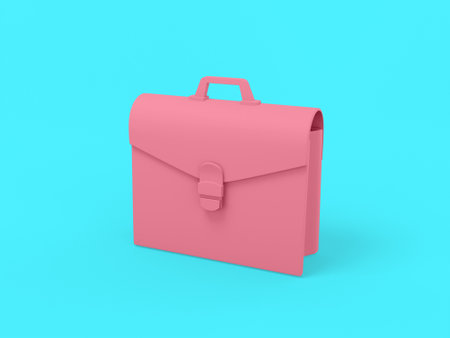 Pink one color briefcase on blue flat background. Object of minimalistic design. Icon ux ui interface element 3d rendering.の写真素材