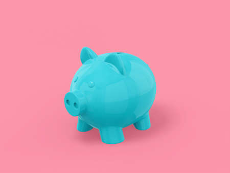 Blue one color piggy bank on pink flat background. minimalistic design object. 3d rendering icon ui ux interface element.の写真素材