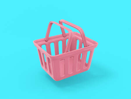 Pink one color shopping cart half view on blue flat background. minimalistic design object. 3d rendering icon ui ux interface element.の写真素材
