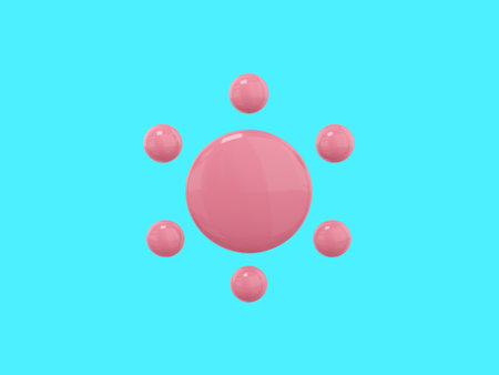 Pink mono color cartoon sun on blue solid background. minimalistic design object. 3d rendering icon ui ux interface elementの写真素材