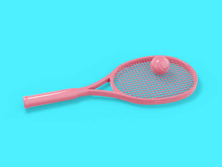 Pink single color tennis racket with a ball on a blue monochrome background. minimalistic design object. 3d rendering icon ui ux interface elementの写真素材
