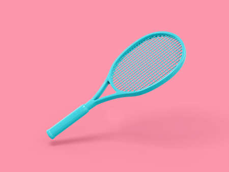 Blue one color tennis racket on pink flat background. minimalistic design object. 3d rendering icon ui ux interface element.の写真素材