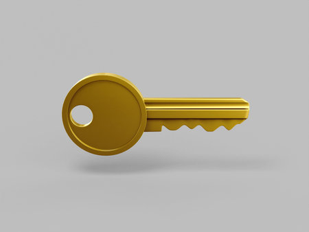 Golden single color key on gray monochrome background. minimalistic design object. 3d rendering icon...