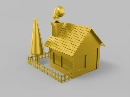 Golden single color house, rural landscape, fence, tree, garden on a gray monochrome background. minimalistic design object. 3d rendering icon ui ux interface elementの写真素材