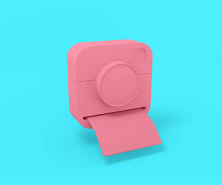 Pink camera with instant photos on a blue background. minimalistic design object. 3d rendering icon ui ux interface element.の写真素材