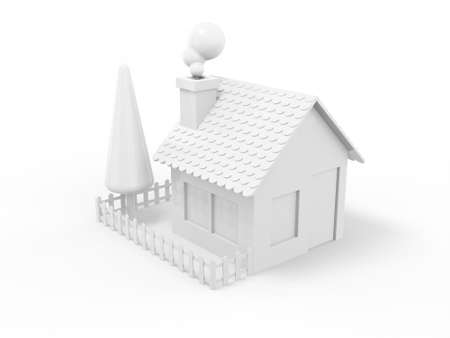 White mono color house, rural landscape, fence, tree, garden on white solid background. minimalistic design object. 3d rendering icon ui ux interface elementの写真素材