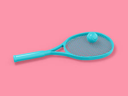 Blue mono color tennis racket with a ball on a pink solid background. minimalistic design object. 3d rendering icon ui ux interface elementの写真素材