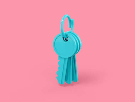 Pink mono color bunch of keys on a blue solid background. minimalistic design object. 3d rendering icon ui ux interface elementの写真素材