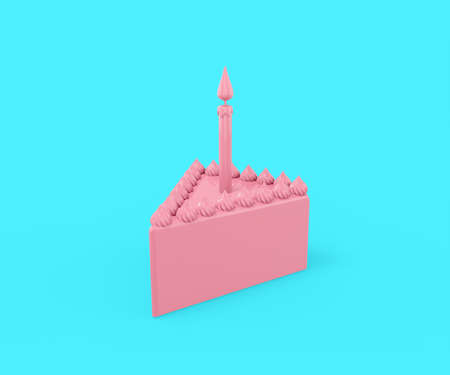 Pink triangular piece of cake with a festive candle on a light blue background. minimalistic design object. 3d renderingの写真素材