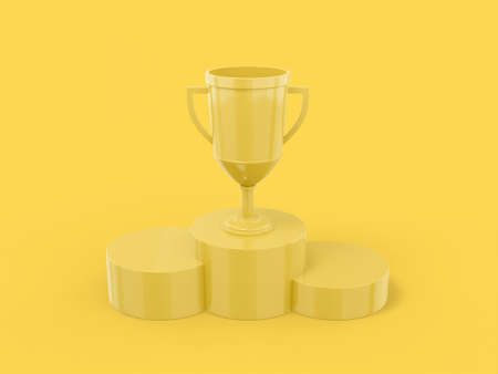 Yellow single color winner cup on a pedestal on a yellow monochrome background. minimalistic design object. 3d rendering icon ui ux interface elementの写真素材