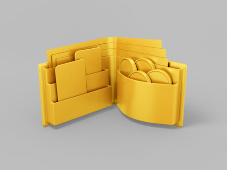 Gold mono color wallet on gray solid background. Minimalistic design object. 3d rendering icon ui ux interface element.の写真素材