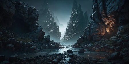 Epic dark background, gloomy river, gorge in the mountains. scary night scenery. Generated by A.I.の素材