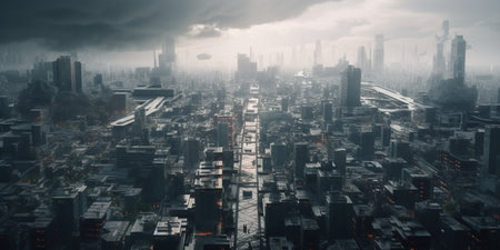 Fantastic city of the future against a background of clouds. Gray skyscrapers against a background of clouds. Black and white overcast metropolis, post-apocalyptic. Generated by A.I.の素材