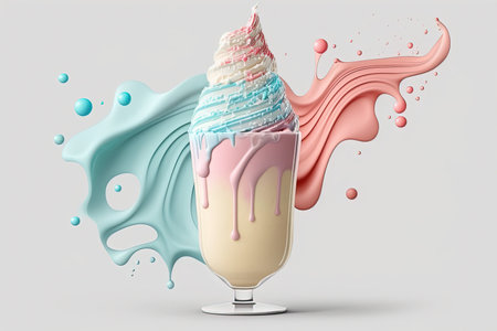 Splash multicolored ice cream in a glass bowl. Splash and drops of cream, milkshake. Abstract illustration of pastel colors on a white background. AI generated.の素材