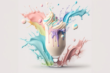 Splash multicolored ice cream in a glass bowl. Splash and drops of cream, milkshake. Abstract illustration of pastel colors on a white background. AI generated.の素材