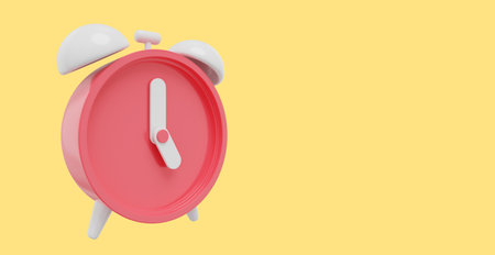 Minimal red cartoon alarm clock, side view. 3D rendering. Icon on yellow background, space for textの写真素材