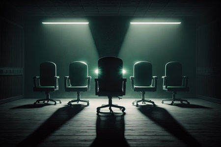 Several office chairs in a dark room are illuminated by beams of studio volumetric light. The concept of teamwork, leadership, success, job vacancy. AI generated.の素材