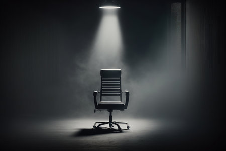 An office chair in a beam of studio light in the middle of a dark room, a cinematic scene. Free vacancy concept, leadership, ideal candidate. AI generated.の素材