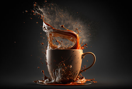 Coffee cup, splash and splatter. Burst of brown liquid, drips. Abstract illustration on dark background. AI generated.の素材
