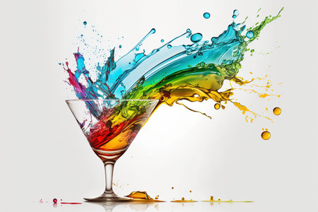 A splash of multicolored liquid in a clear glass. Explosion and splashing cocktail. Abstract illustration on white background. AI generated.の素材