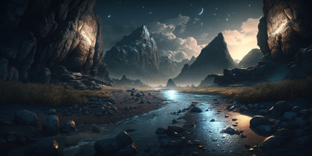 Epic dark background, gloomy river, gorge in the mountains. scary night scenery. Generated by A.I.の素材