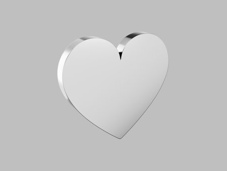 Flat metal heart. Silver one color. Symbol of love. On a plain gray background. View left side. 3d renderingの写真素材