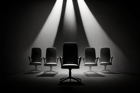 Several office chairs in a dark room are illuminated by beams of studio volumetric light. The concept of teamwork, leadership, success, job vacancy. AI generated.の素材