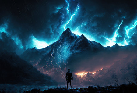 A man stands with his back to the high mountains and a stormy night sky. Bright flashes of lightning illuminated the man's silhouette. The concept of courage, of struggle, of challenging the odds. AI generatedの素材