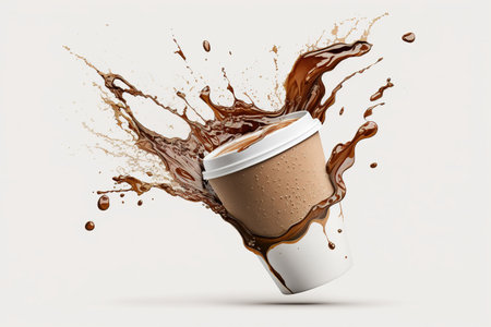 Coffee paper cup, splash and splatter. Burst of brown liquid, drips. Abstract illustration on white background. AI generated.の素材