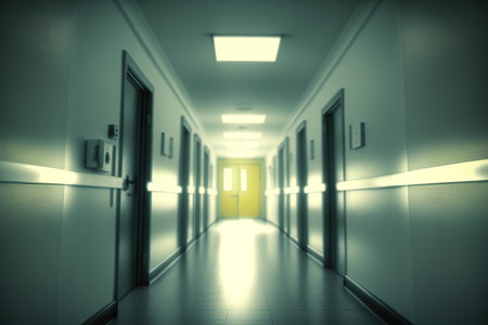 The long corridor of the hospital. Modern interior blurred background. AI generated.の素材