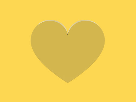 Flat metal heart. Symbol of love. Golden mono color. On a solid yellow background. Front view. 3d renderingの写真素材