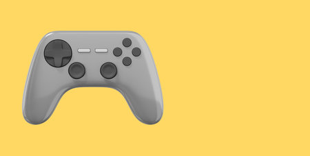 Realistic console game controller. Gray icon on yellow background with space for text. 3D rendering.の写真素材