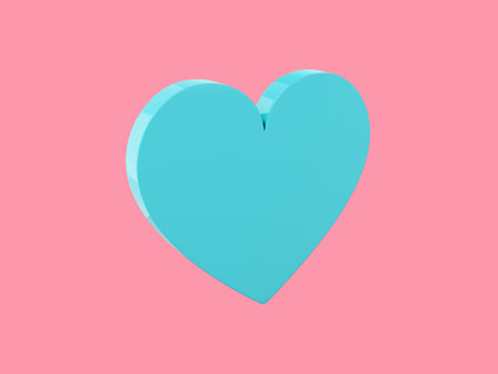 Flat heart. Blue mono color. Symbol of love. On a solid pink background. View left side. 3d renderingの写真素材