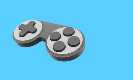 Minimalistic console game controller. Gray icon on blue background with space for text. 3D rendering.の写真素材
