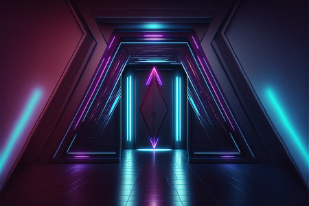 A fantastic neon tunnel, the corridor of a spaceship. Immersion in virtual reality, artificial intelligence. Dark abstract background with multicolored glow. 3D rendering. AI generated.の素材