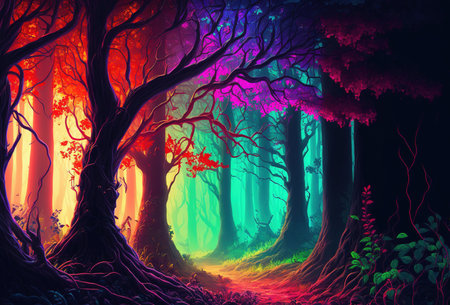 The dark trees are illuminated by multicolored psychedelic neon light. A fairytale forest, a surreal, mystical landscape. A mysterious path through the thicket. 3D rendering. AI generated.の素材