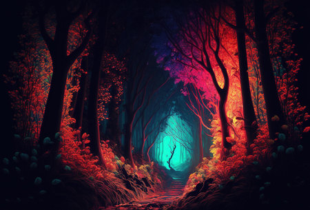 The dark trees are illuminated by multicolored psychedelic neon light. A fairytale forest, a surreal, mystical landscape. A mysterious path through the thicket. 3D rendering. AI generated.の素材