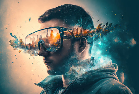 Portrait of a young man with VR glasses immersed in virtual reality. Abstract neon light, surreal background. Creative art and technology of the meta-universe. 3D rendering. AI generatedの素材