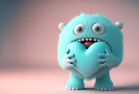 3D character is a cute monster holding a heart. Funny toothy alien gives heart, confesses his love on pastel background. AI generatedの素材