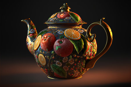 Beautiful tea kettle. Volumetric pattern of fruits, berries, citrus fruits. 3D rendering. AI generated.の素材