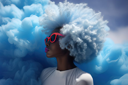 Close-up portrait of young afro woman with blue hair, trendy hairstyle in the shape of a cloud against the sky. Stylish model with sunglasses. Bold surreal image.の素材