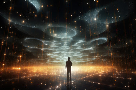 A silhouette of a man on a dark abstract background illuminated with bright yellow neon lights. Metaverse, virtual space from circles of spirals, flashes.の素材
