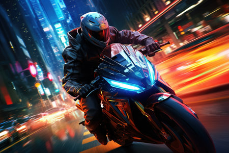 A helmeted motorcyclist on a sports bike rushing down a night city street surrounded by neon blurred lights.の素材