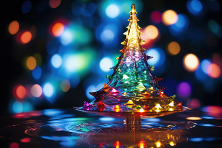 Glass Christmas tree with colorful blurry bokeh lights on the background. Transparent shiny figure in the form of a cone, a splash.の素材
