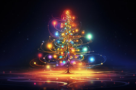 Abstract neon glowing Christmas tree on a dark background. New Year holiday card.の素材