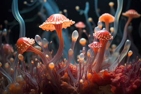 Translucent glowing mushrooms, fantastic alien organic shape. Abstract surreal backgroundの素材