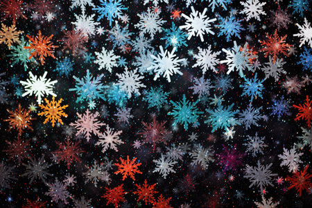 Multicolored painted watercolor snowflakes. Christmas holiday background, printable pattern.の素材