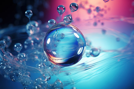 Liquid cosmetic essence with bubbles. Blue abstract background, macro photography of DNA molecules in splashes of water.の素材