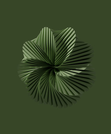 Abstract twisted complex figure. Smooth round wavy shape. Dark green monochrome background. 3D renderingの写真素材