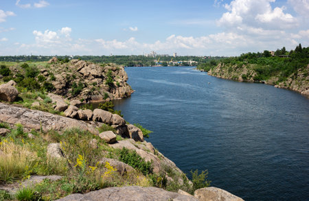 Zaporizhzhia, Ukraine, view of the island of Khortytsya on the Dnipro river. In the foreground is a...